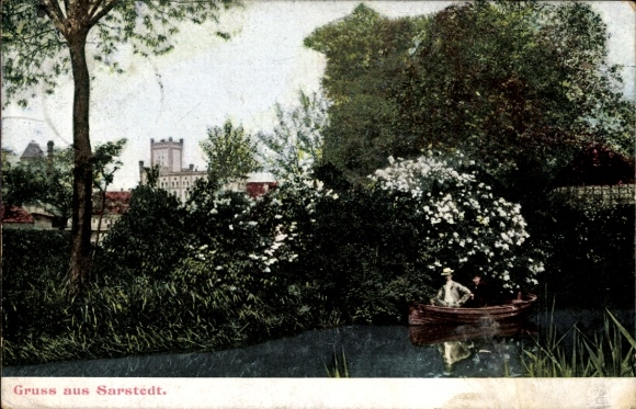 Postcard Sarstedt Lower Saxony, general view, woman in rowing boat