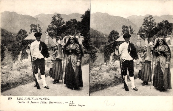 Stereo KP Eaux Bonnes Pyrénées Atlantiques, przewodnik i młode dziewczyny z Béarn, strój tradycyjny