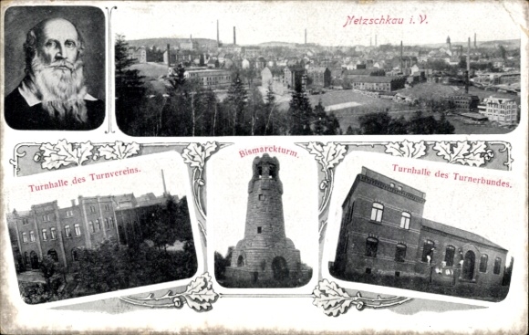 Ak Netzschkau im Vogtland, Totale, Bismarchturm, Turnhalle d. Turnvereins, Portrait