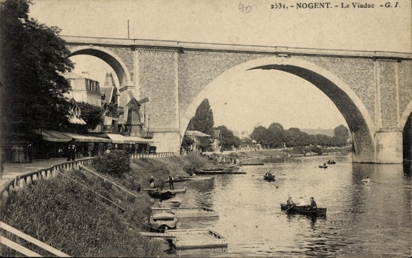 Ak Nogent sur Marne Val de Marne, Viadukt, Fluss, Boote, Bäume, historische Ansicht, Häuser