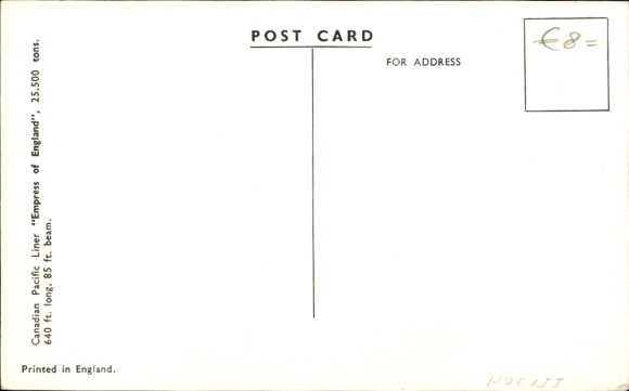 Postcard Canadian Pacific Liner Empress of England, CPS