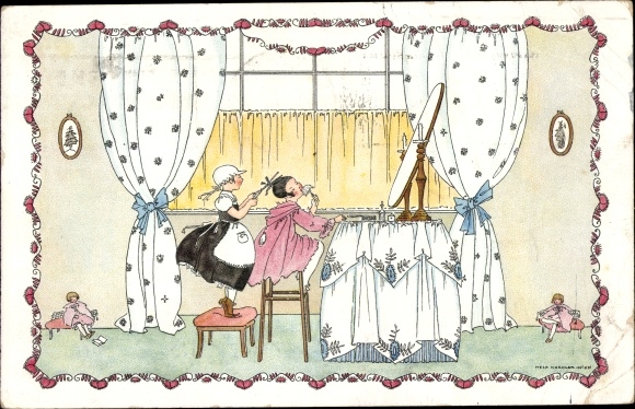 Artist PC Köhler, Mela, girls at the morning toilet, mirror, Munk no. 1232