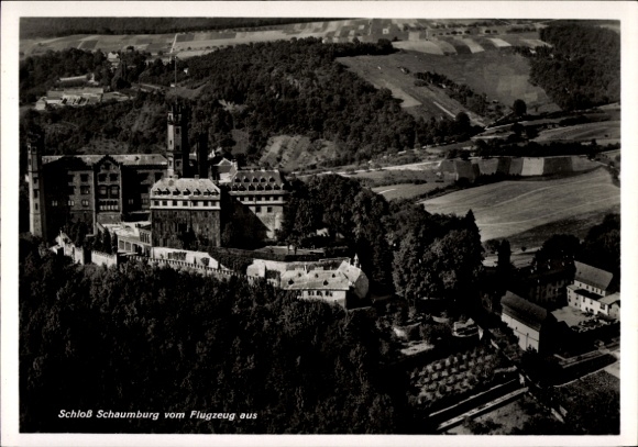 Postcard Balduinstein an der Lahn, Schaumburg Castle, aerial photograph