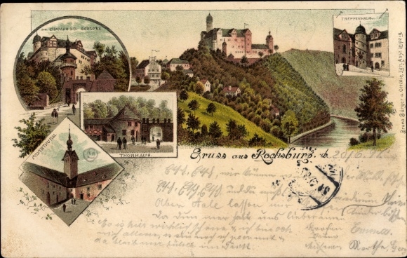 Chromo-Litho Rochsburg Lunzenau in Saxony, Thorhaus, castle, powder tower, staircase