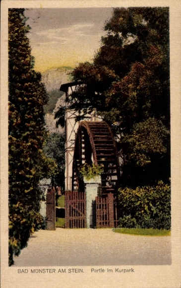 Ak Bad Münster am Stein Bad Kreuznach an der Nahe, waterrad, kuurpark, tuin, landschap