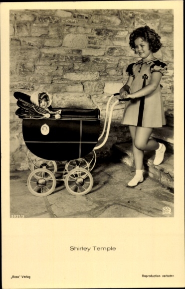 Postcard actress Shirley Temple, portrait in dress with doll carriage