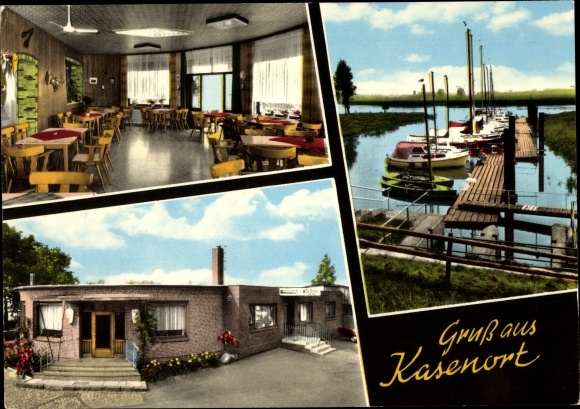 Ak Kasenort Wilster w Holsztynie, restauracja Zur Schleuse, łodzie
