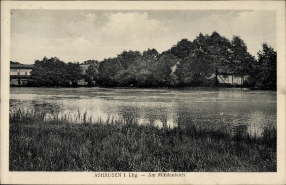 Postcard Ashausen Stelle Lower Saxony, idyllic landscape, at the mill pond, calm water, trees, G