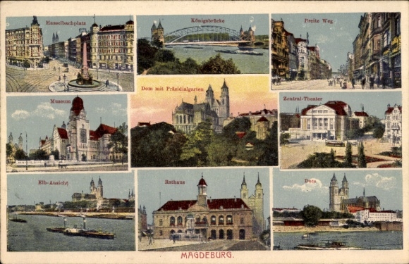 Postcard Magdeburg on the Elbe, Königsbrücke, Breiter Weg, Museum, Cathedral, Central Theater, Town Hall