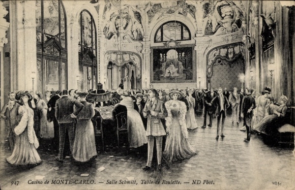 Postcard Monte Carlo Monaco, Casino de Monte-Carlo, Salle Schmitt, Roulette table, crowd