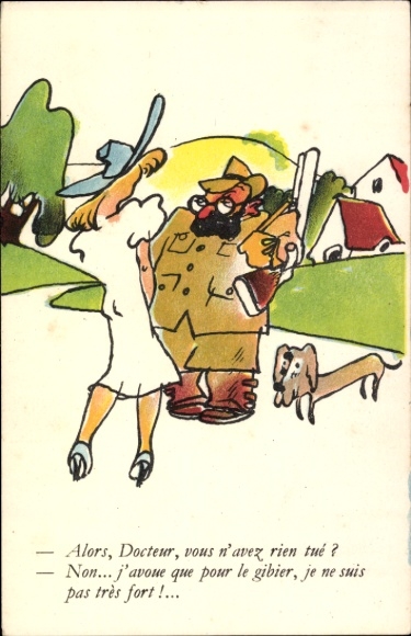 Ak Jäger redet mit einer jungen Frau, Hund, Humor