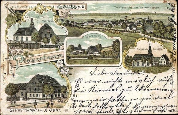 Chromo-Litho Pleizenhausen Rhineland Palatinate, chapel, Weißmühle, vicarage, inn