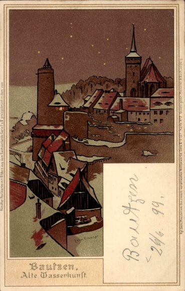 Postcard Bautzen in Upper Lusatia, old water canals, city view, winter landscape