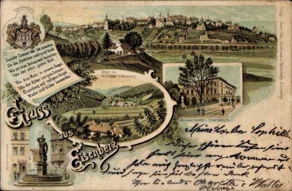Chromo-Litho Eisenberg in Thuringia, general view, fountain, high school