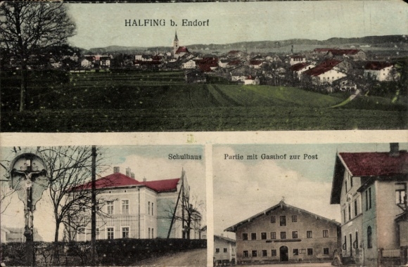 Postcard Halfing Upper Bavaria, schoolhouse, Gasthof zur Post