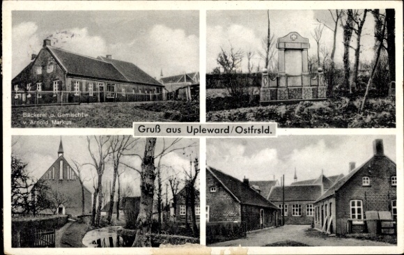 Postcard Upleward Krummhörn in East Frisia, bakery Arnold Markus, monument, church, building