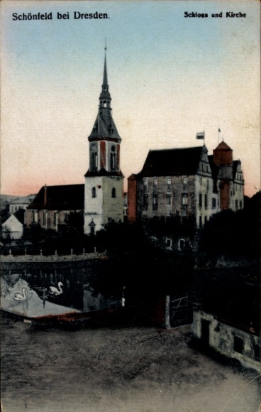 Postcard Dresden Schönfeld Weißig, castle and church, water view,