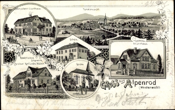 litho Alpenrod in het Westerwald, pastorie, school, elektrische zagerij, herberg Schneider