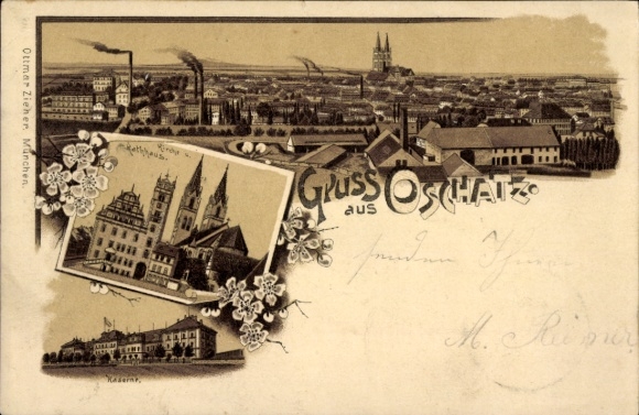 Litho Oschatz in Sachsen, Stadtpanorama, Kirche, Rathaus, Kaserne
