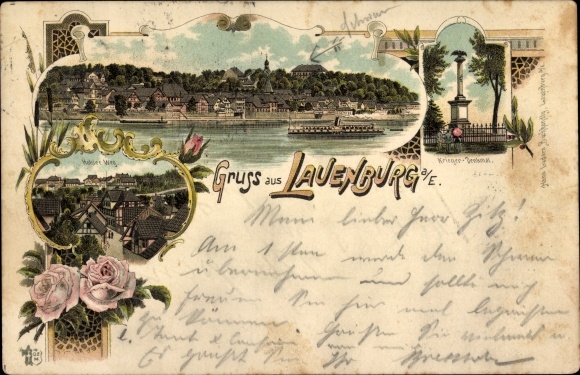 Chromo-Litho Lauenburg an der Elbe, war memorial, view of the place, roses