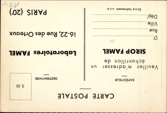 Postcard Famel Syrup, Soluble Lacto Cresote, Medical Voucher Sample Card