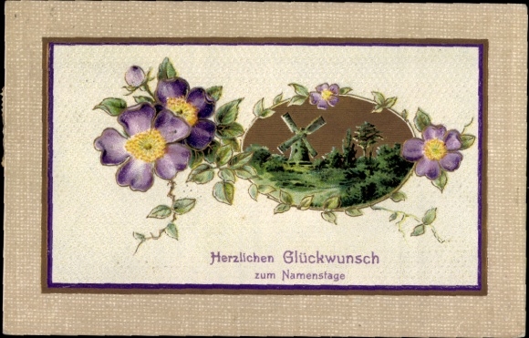 Embossed Postcard Congratulations Name Day, Village Idyll, Windmill