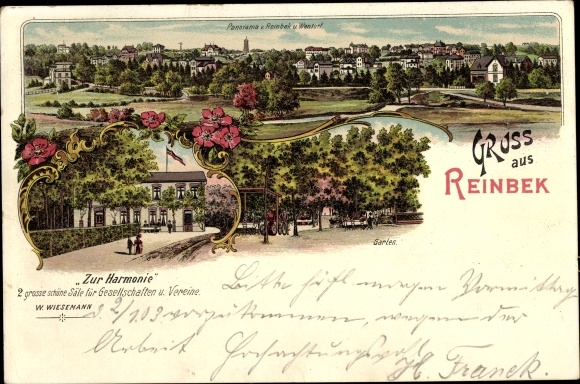 Chromo-Litho Reinbek in Schleswig Holstein, Inn Zur Harmonie, view of the town