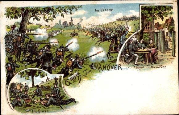 Chromo-Litho Salute from the maneuvers, in combat, bivouac, evening