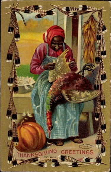 Präge Passepartout Ak Thanksgiving, afroamerikanische Frau rupft einen Truthahn