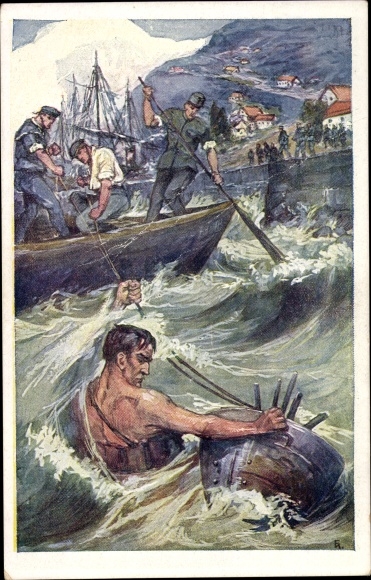 Künstler Ak KuK Kriegsmarine, Bergung einer Seemine, Seeleute
