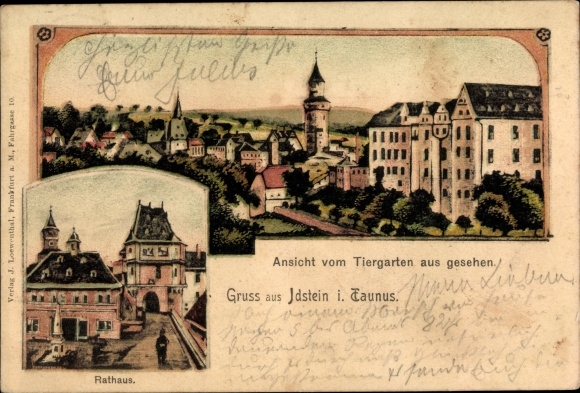 Chromo-Litho Idstein im Taunus Hessen, view from the Tiergarten, town hall
