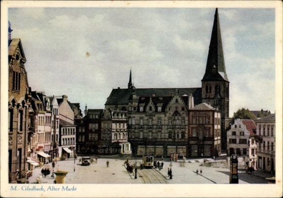 Postcard Mönchengladbach on the Lower Rhine, Alter Markt, tram
