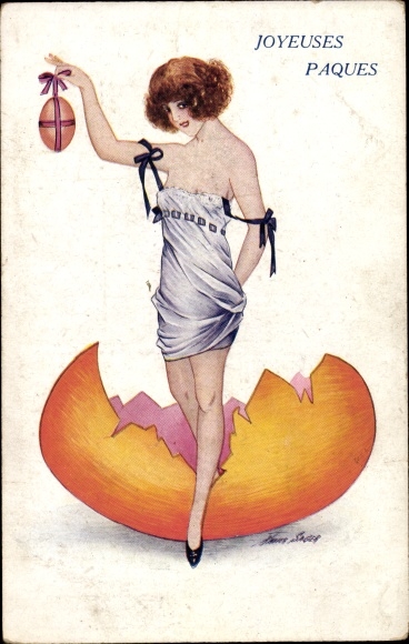 Artist PC Sager, Xavier, congratulations Easter, woman in slip with Easter egg, eggshell
