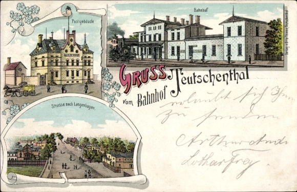 Litho Teutschenthal im Saalekreis, Bahnhof, Postgebäude, Straße nach Langenbogen