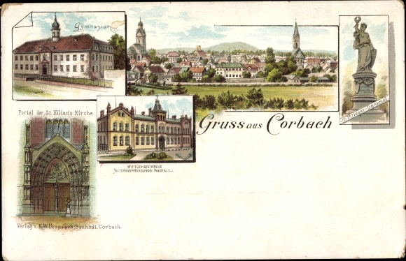 Chromo-Litho Corbach Korbach in Hesse, panorama, high school, portal of St. Kilian&#39;s church, institution, monument