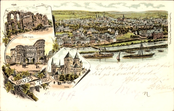 Chromo-Litho Trier on the Moselle, panorama, Porta Nigra, cathedral