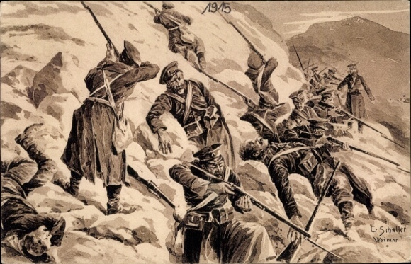 Artist Postcard Schaller, C., Encircled Russian Division in the Carpathians, Battle, I WW