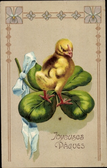 Ak Glückwunsch Ostern, Küken, Glücksklee, Schleife