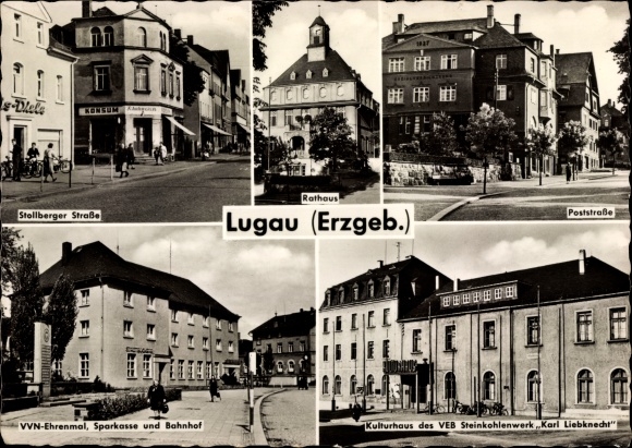 Ak Lugau in Sachsen, VVN Ehrenmal, Bahnhof, Sparkasse, Kulturhaus VEB Karl Liebknecht, Rathaus