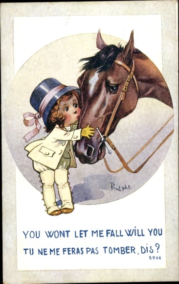 Artist Postcard Right, Girl in riding clothes with a horse