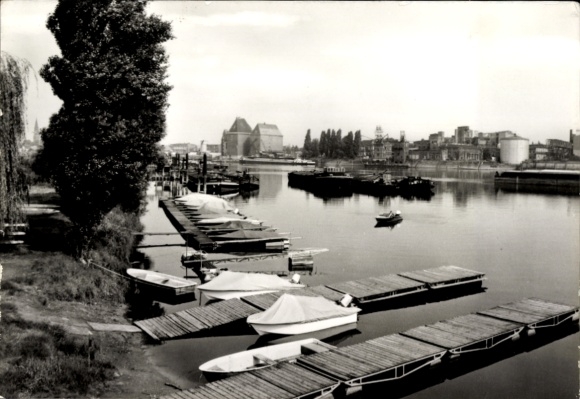 Postcard Wittenberge on the Elbe Prignitz, harbor with jetty, boats on the water, city view i