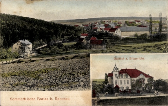 Postcard Borlas Klingenberg in the Ore Mountains, village view, Gasthof zum Erbgericht
