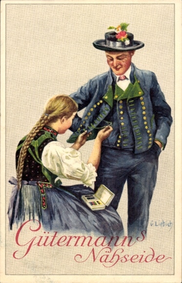 Artist Postcard Liebich, Gütermann's sewing silk, advertisement, man and woman in traditional costumes