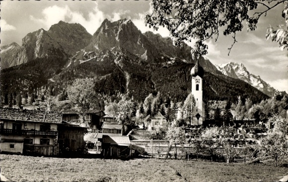 Postcard Grainau in Upper Bavaria, mountain landscape, church with onion dome, traditional buildings