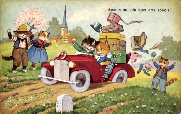 KP Humanizowane koty w samochodzie, bagażu, Laissons au loin tous non soucis