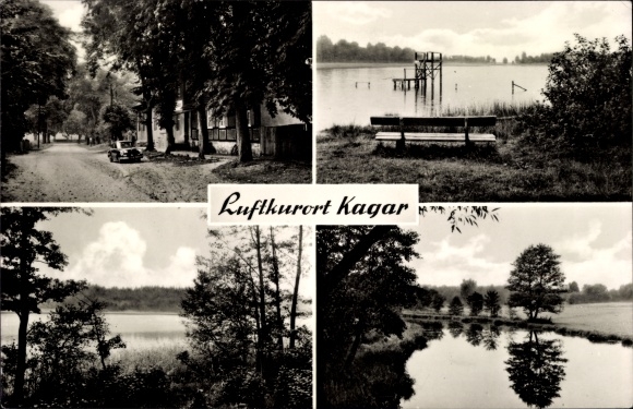 Postcard Kagar Rheinsberg in Brandenburg, inn, automobile, view over the lake, bathing beach