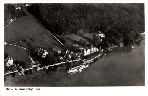 Postcard Starnberg on Lake Starnberg, Upper Bavaria, aerial photograph, building, ship