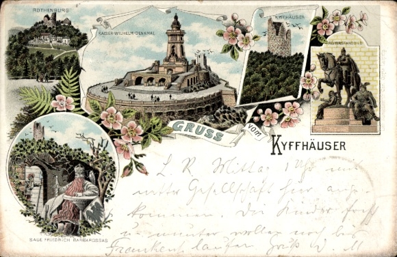Ak Berga am Kyffhäuser, diverse bezienswaardigheden, Kaiser Wilhelm Memorial, Friedrich Bar...