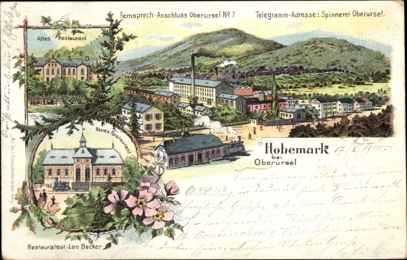 Chromo-Litho Hohe Mark Hohemark Oberursel in Taunus Hessen, spinning mill, old and new restaurant