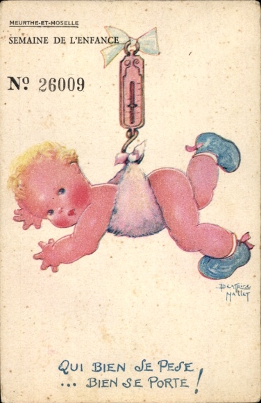 Artist Postcard Mallet, Beatrice, Child is weighed